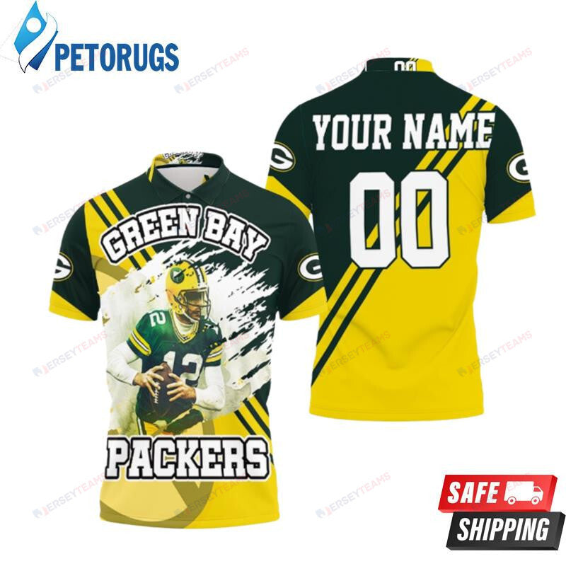 Aaron Rodgers 12 Green Bay Packers Illustrated Custom Name & Number Printed Polo Shirt