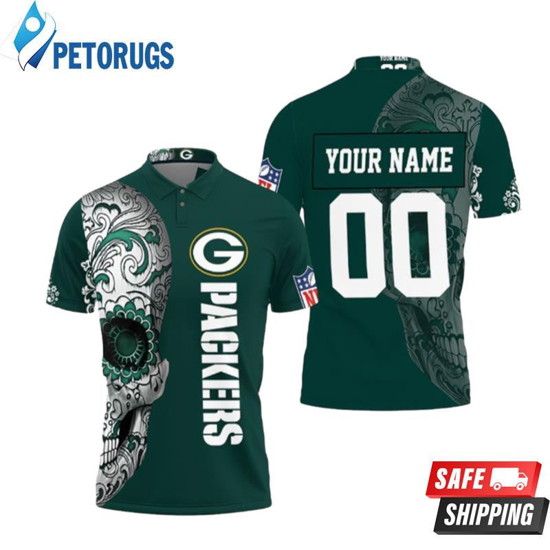 Green Bay Packers Nlf Sugar Skull Custom Name & Number Printed Polo Shirt