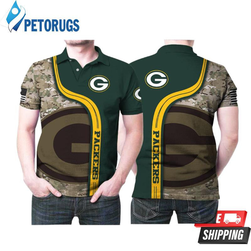 Green Bay Packers Camouflage Pattern American Flag Printed Polo Shirt