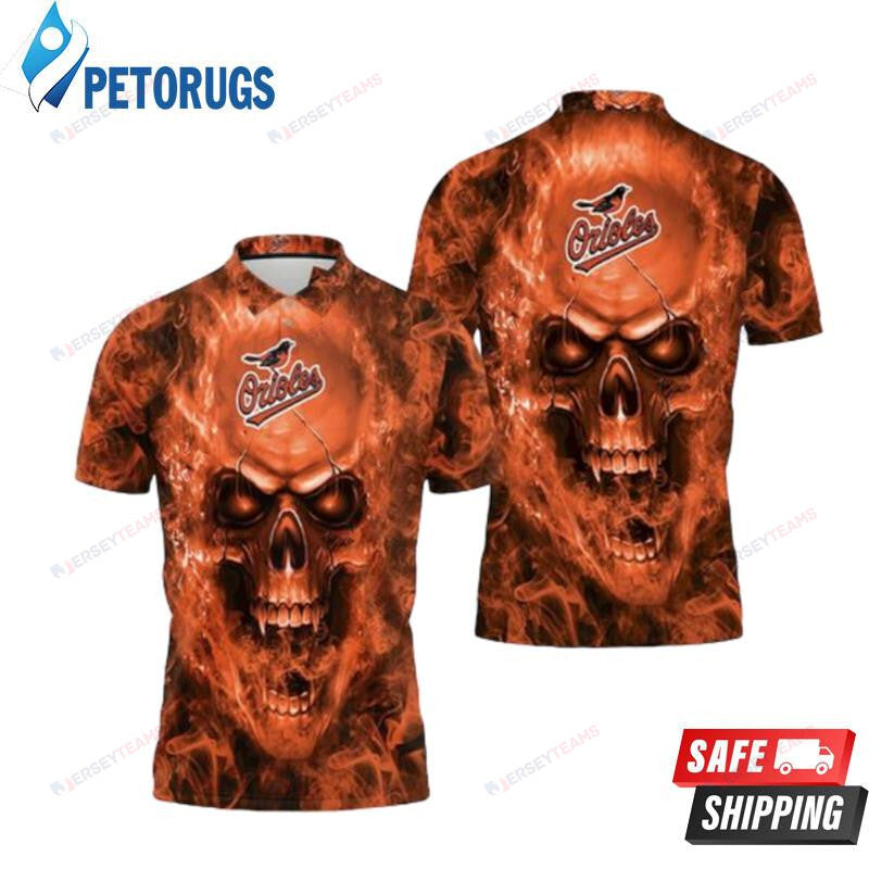 Baltimore Orioles Orange Fire Skull Printed Polo Shirt