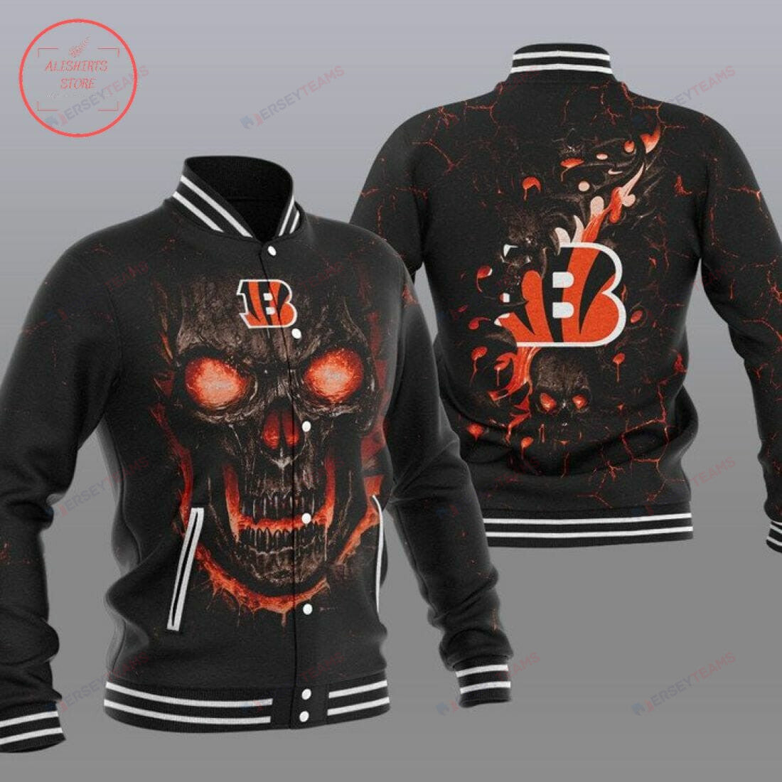 Cincinnati Bengals Black Skull - AOP Varsity Jacket - All-Over-Printed Jacket