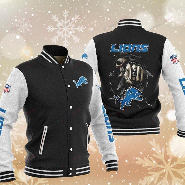 Detroit Lions Black Skull - AOP Varsity Jacket - All-Over-Printed Jacket