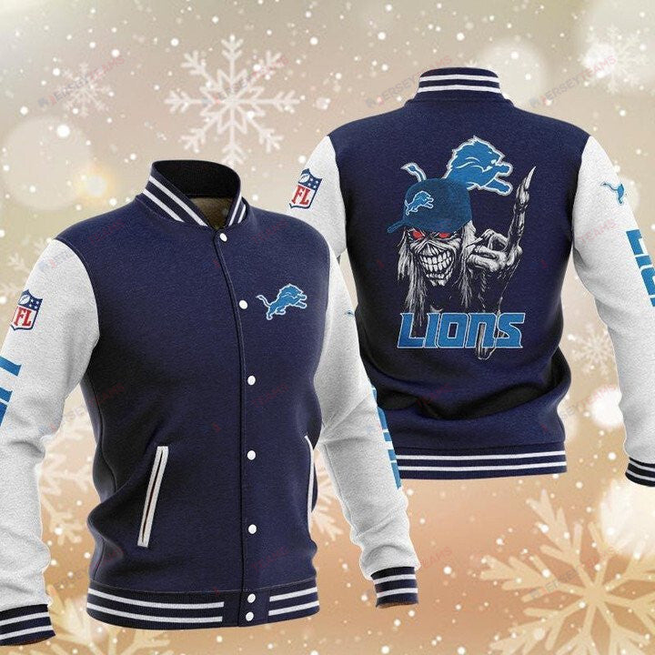 Detroit Lions Navy Iron Maiden - AOP Varsity Jacket - All-Over-Printed Jacket