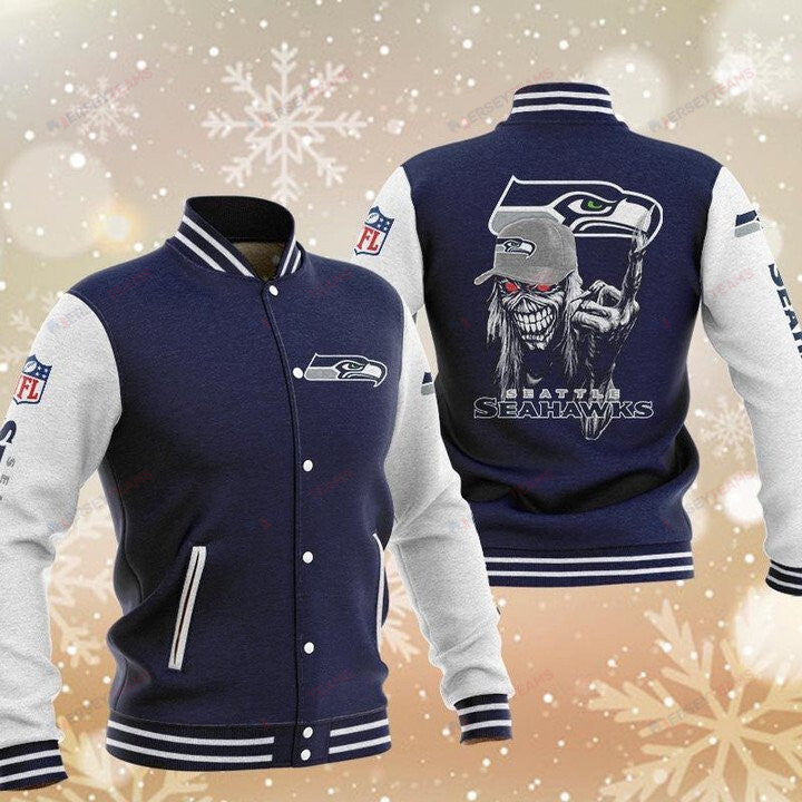 Seattle Seahawks Navy Iron Maiden - AOP Varsity Jacket - All-Over-Printed Jacket