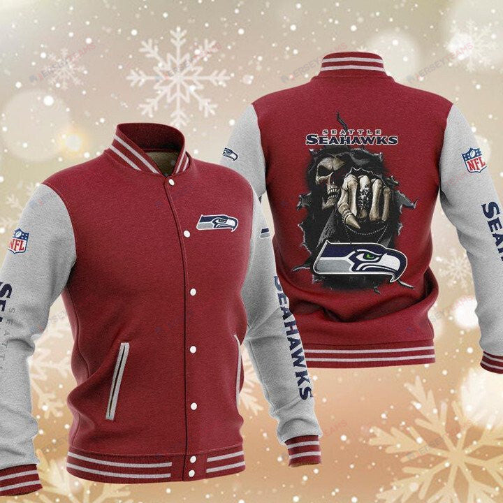 Seattle Seahawks Red Grey Skull - AOP Varsity Jacket - All-Over-Printed Jacket