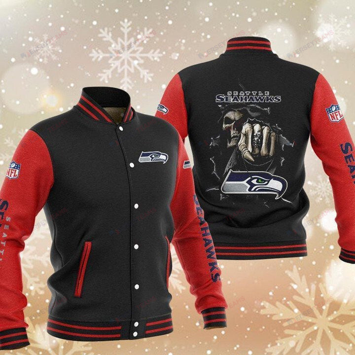 Seattle Seahawks Black Red Skull - AOP Varsity Jacket - All-Over-Printed Jacket