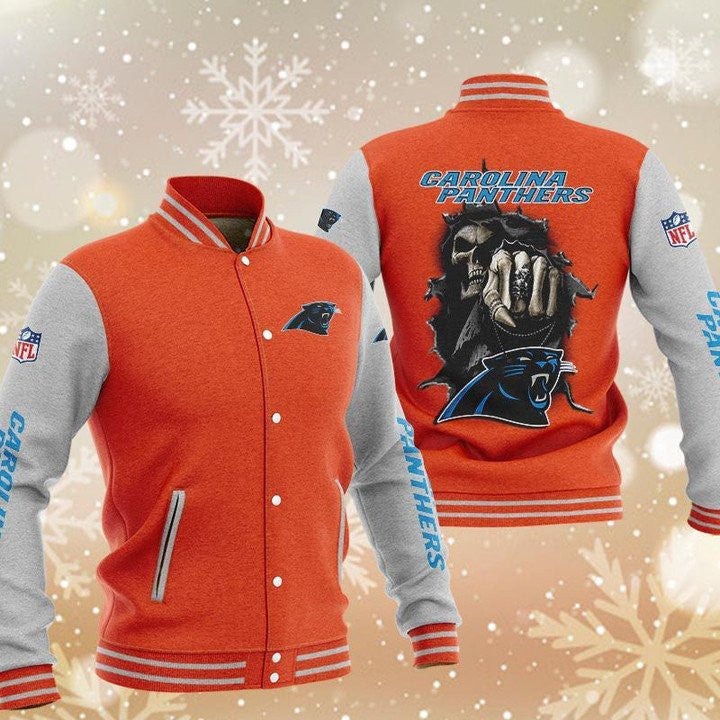 Carolina Panthers Orange Skull - AOP Varsity Jacket - All-Over-Printed Jacket