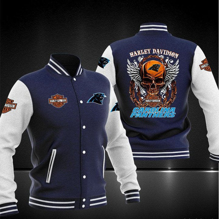 Carolina Panthers Navy Skull - AOP Varsity Jacket - All-Over-Printed Jacket