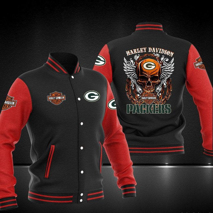 Green Bay Packers Black Red Harley Davidson - AOP Varsity Jacket - All-Over-Printed Jacket