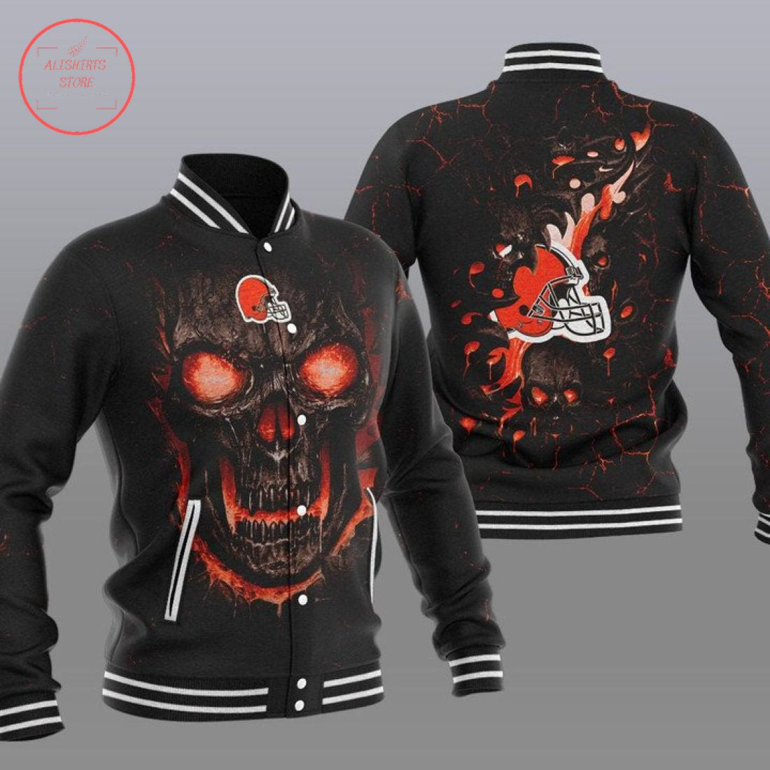 Cleveland Browns Fire Skull - AOP Varsity Jacket - All-Over-Printed Jacket