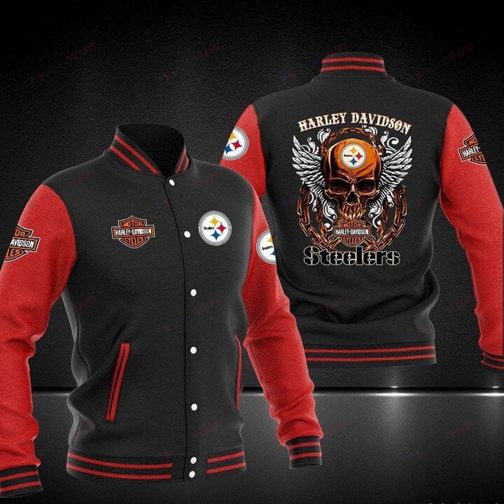 Pittsburgh Steelers HarleyDavidson Black Red - AOP Varsity Jacket - All-Over-Printed Jacket