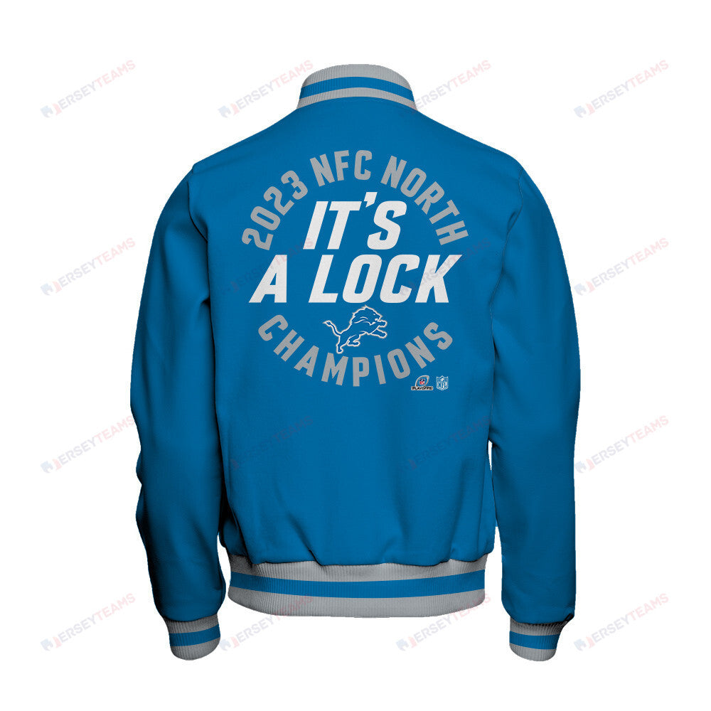 Detroit Lions 2023 NFC North Division Champions Locker Room Baseball Jacket - Blue - All-Over-Printed Jacket