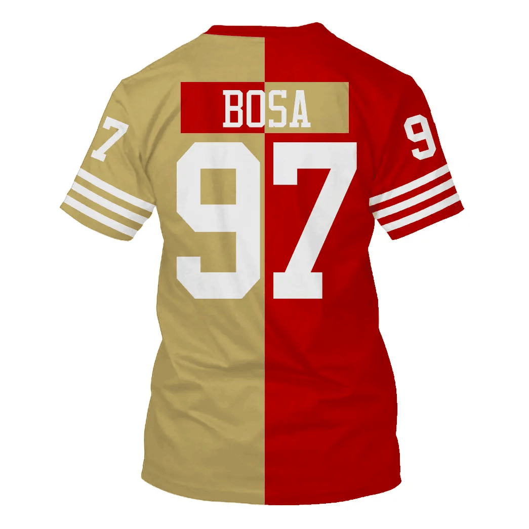 Nick Bosa 97 San Francisco 49ers All Over Print T-shirt - Gold/ Scarlet