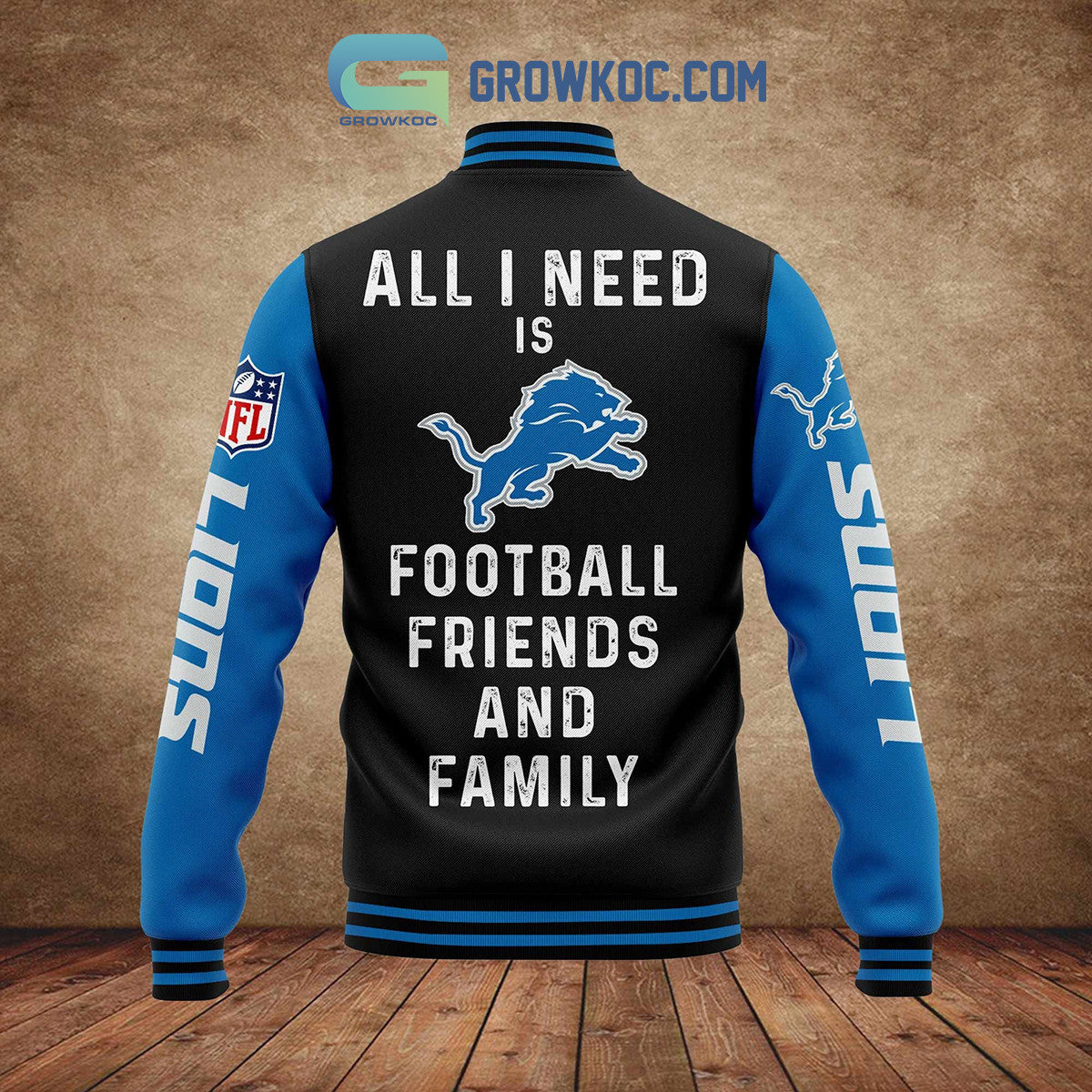Detroit Lions All I Need Is Football Friends And Family Custom Name Baseball Jacket - All Over Printed - Black - All-Over-Printed Jacket