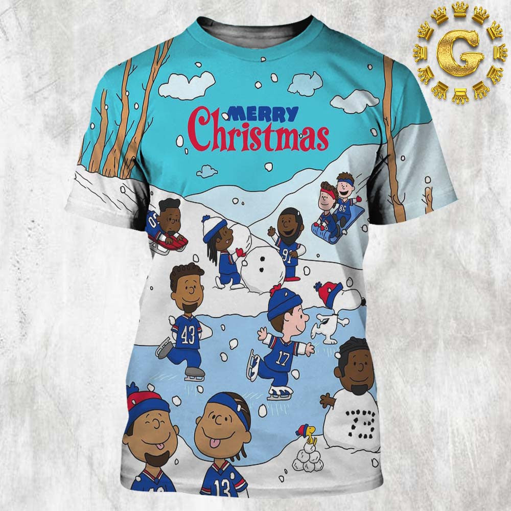 Buffalo Bills X Snoopy Peanuts Merry Christmas All Over Printed T-Shirt - Blue