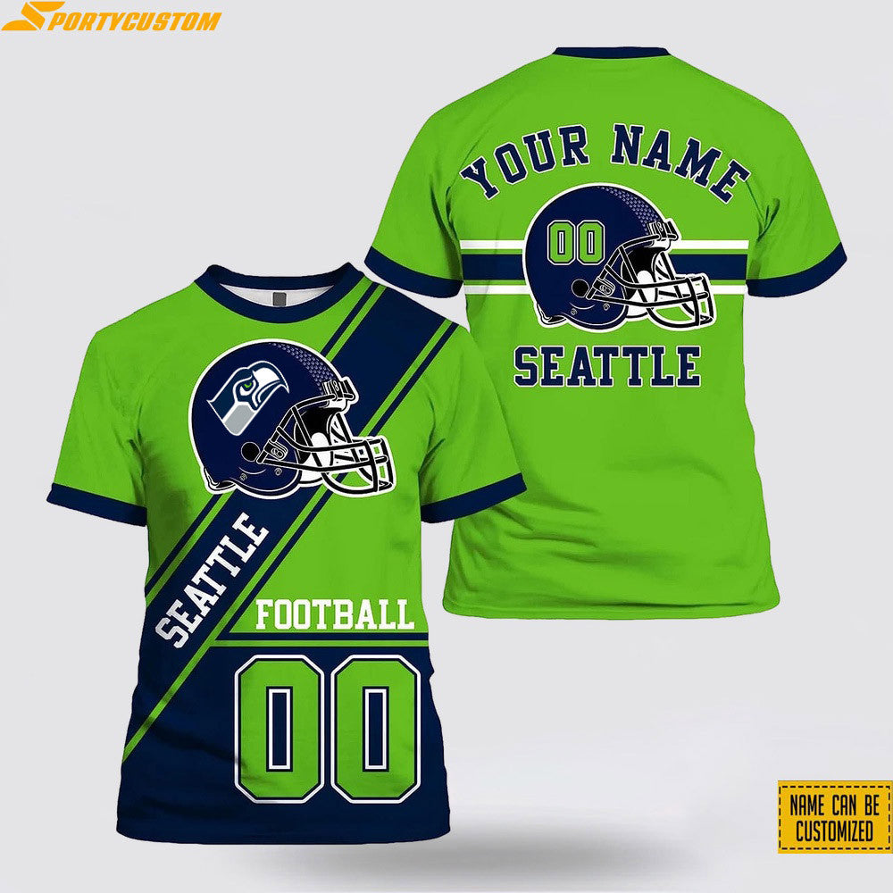 Seattle Seahawks Helmet Custom Name & Number All Over Printed T-Shirt - Navy/Green