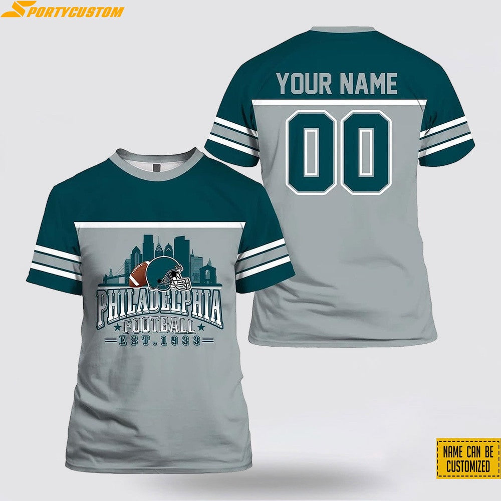 Philadelphia Eagles Custom Name & Number All Over Printed T-Shirt - Silver/Midnight Green