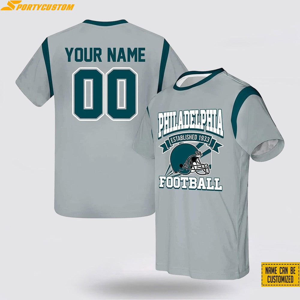 Philadelphia Eagles Helmet Custom Name & Number All Over Printed T-Shirt - Silver