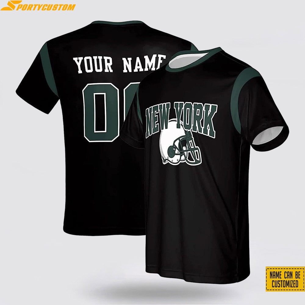 New York Jets Helmet Custom Name & Number All Over Printed T-Shirt - Black