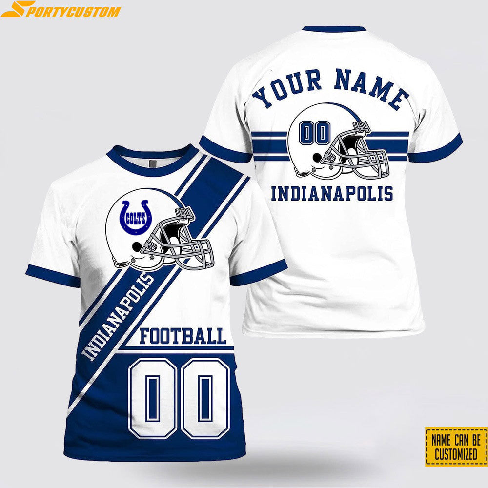 Indianapolis Colts Helmet Custom Name & Number All Over Printed T-Shirt - White/Navy