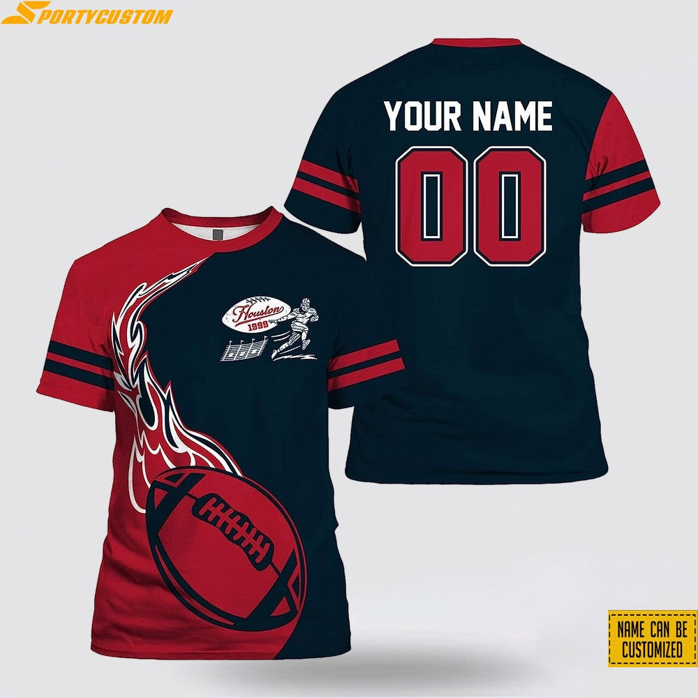 Houston Texans Fire Ball Custom Name & Number All Over Printed T-Shirt - Navy/Red