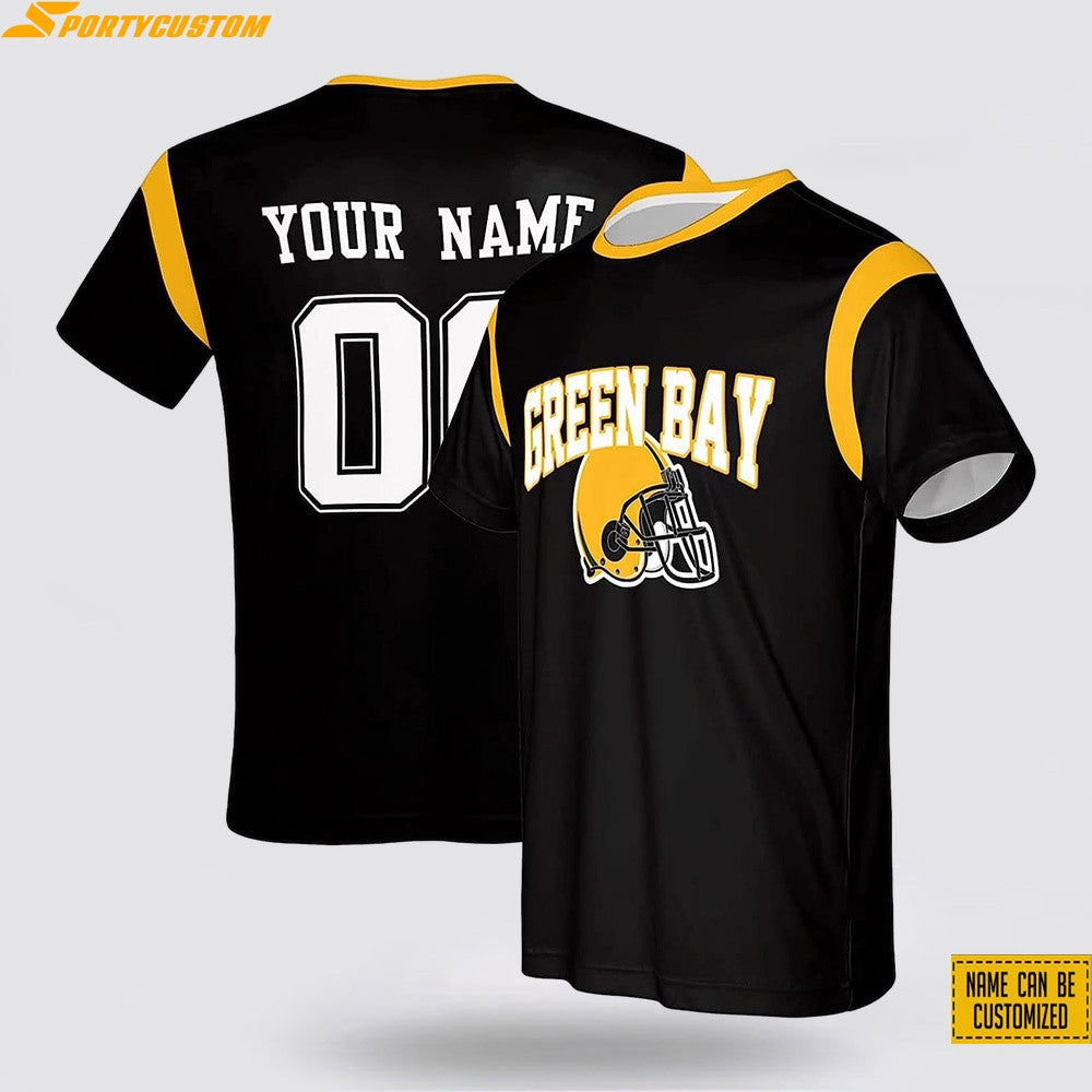 Green Bay Packers Helmet Custom Name & Number All Over Printed T-Shirt - Black