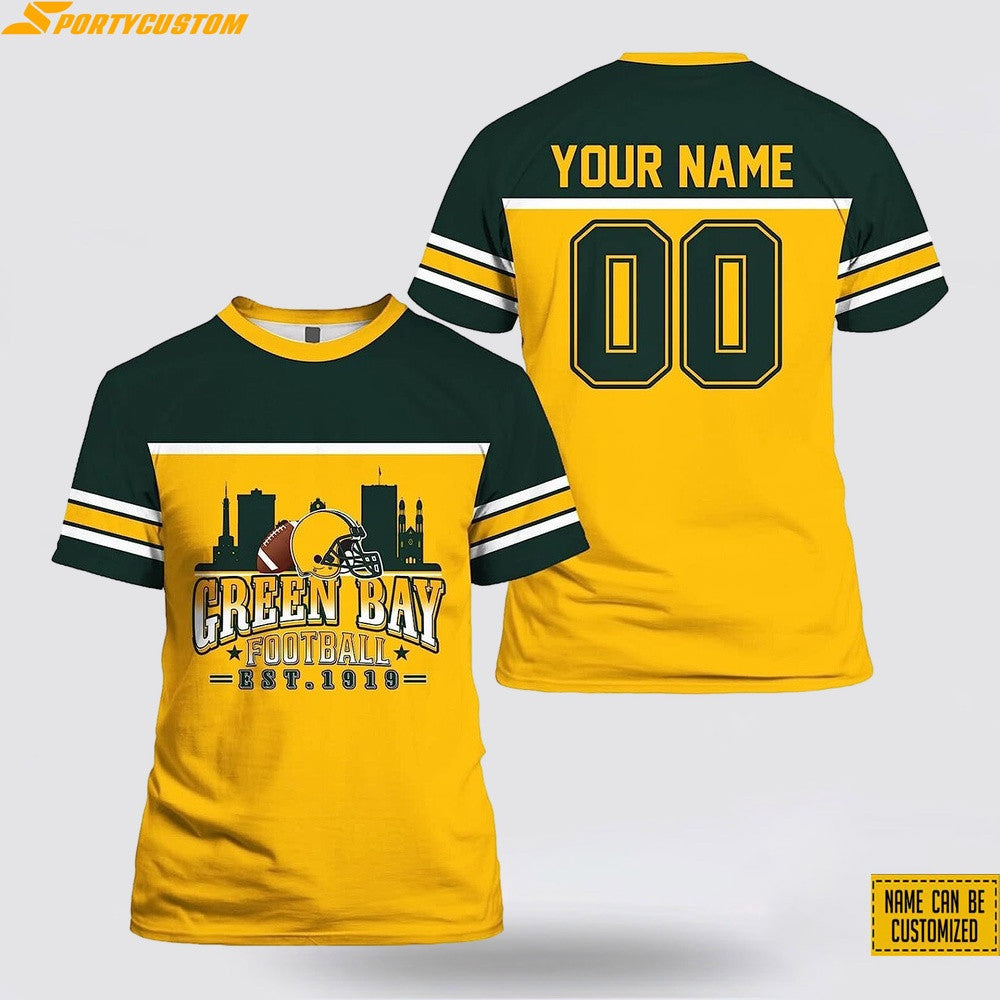 Green Bay Packers City Custom Name & Number All Over Printed T-Shirt - Gold