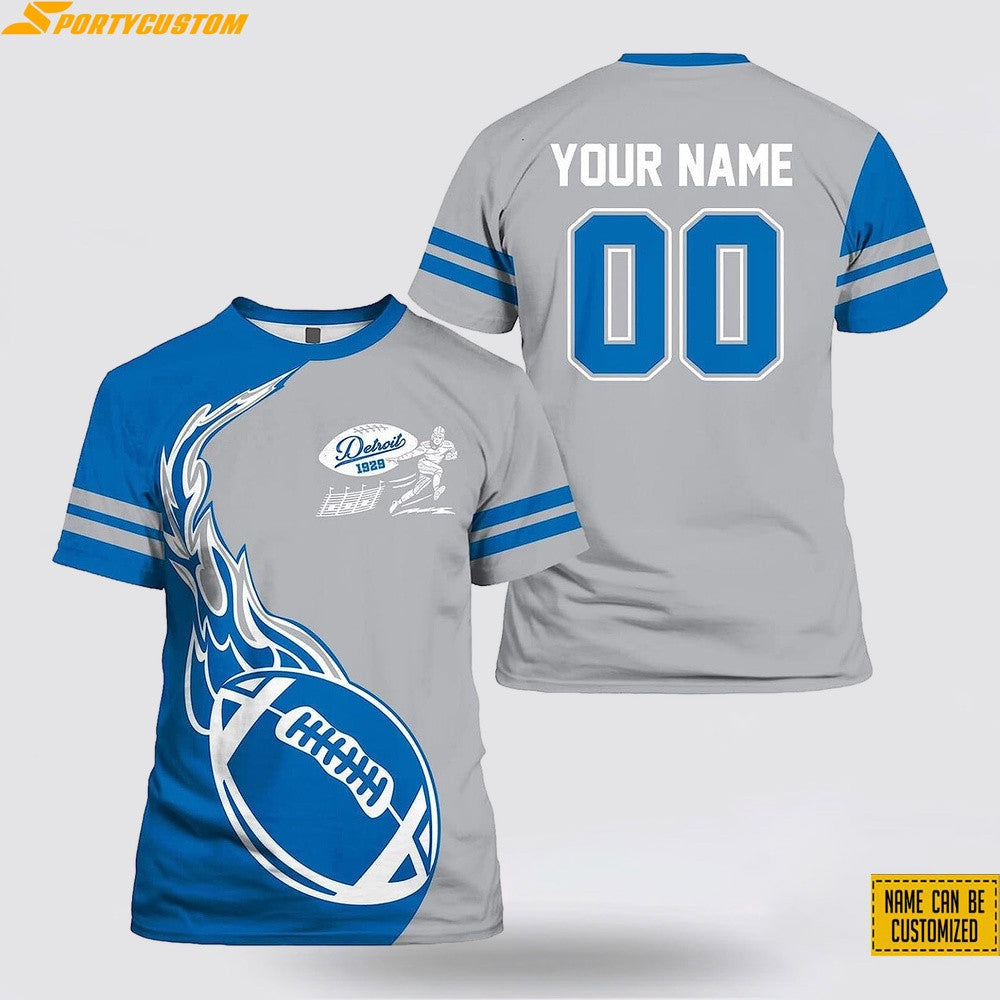 Detroit Lions Fire Ball Custom Name & Number All Over Printed T-Shirt - Blue/Silver