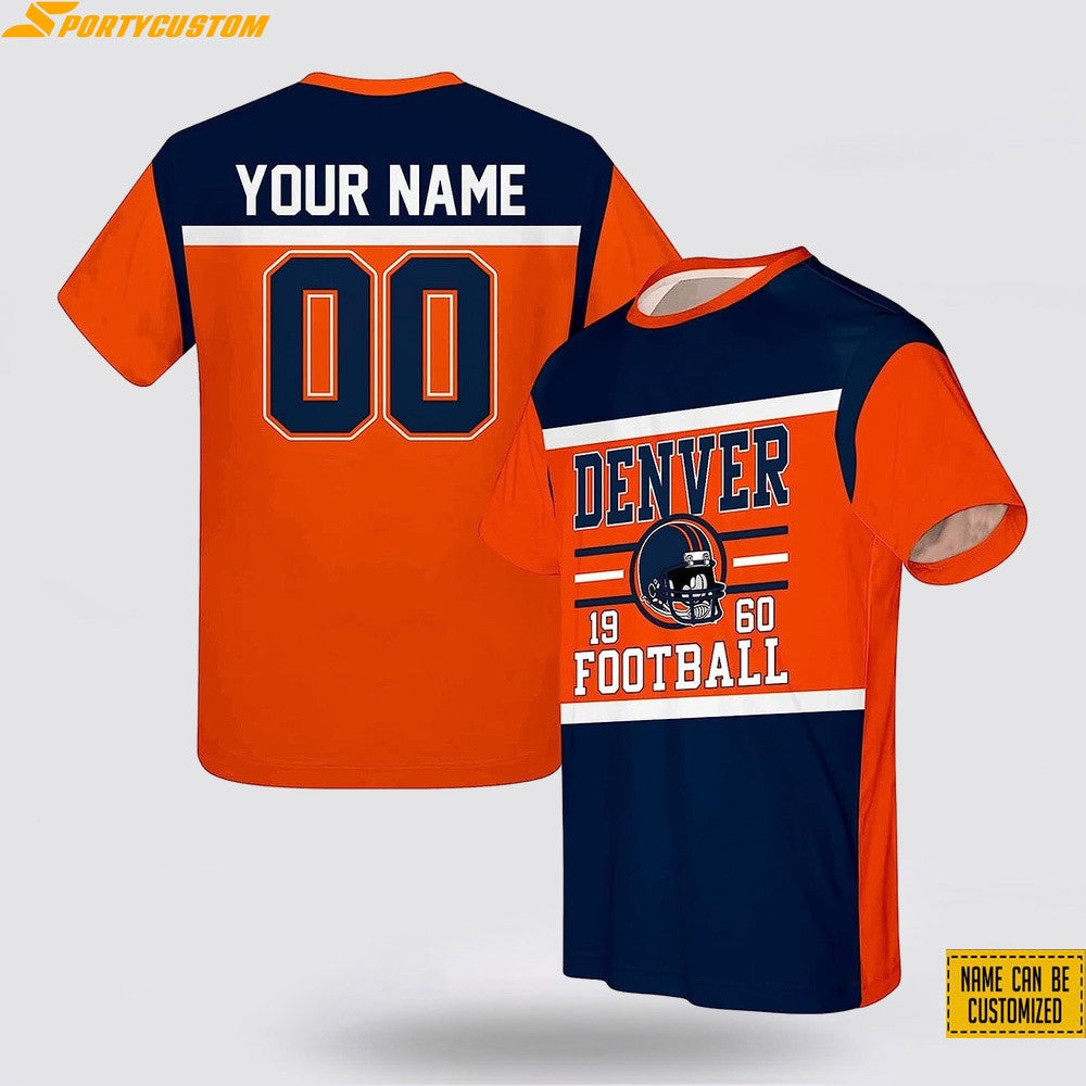 Denver Broncos Helmet Custom Name & Number All Over Printed T-Shirt - Navy/Orange