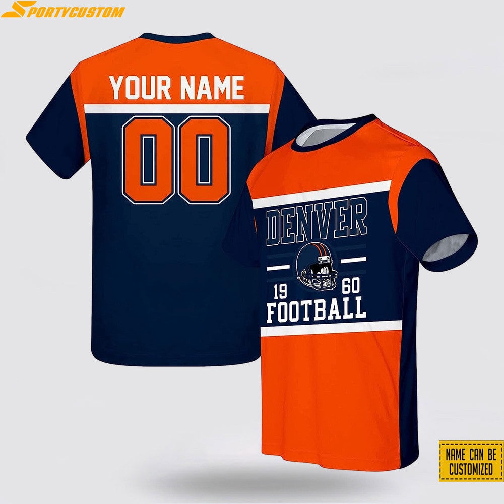 Denver Broncos Helmet Custom Name & Number All Over Printed T-Shirt - Orange/Navy