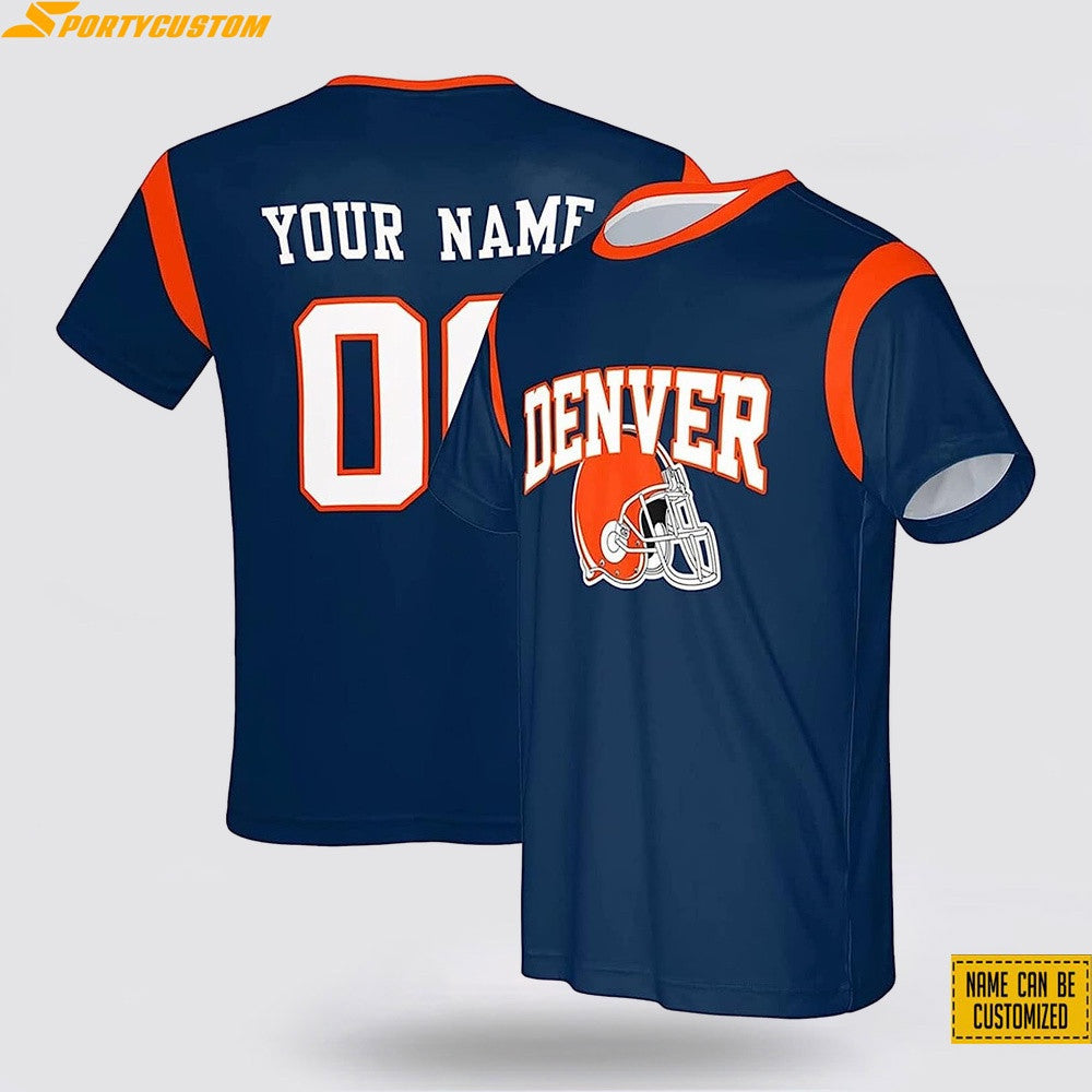 Denver Broncos Helmet Custom Name & Number All Over Printed T-Shirt - Navy