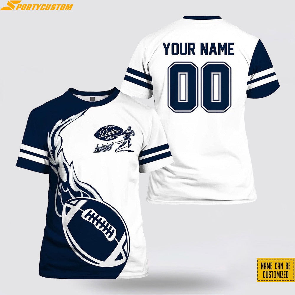 Dallas Cowboys Fire Ball Custom Name & Number All Over Printed T-Shirt - Navy/White