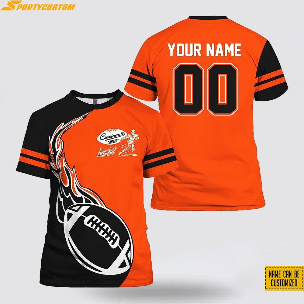 Cincinnati Bengals Fire Ball Custom Name & Number All Over Printed T-Shirt - Black/Orange