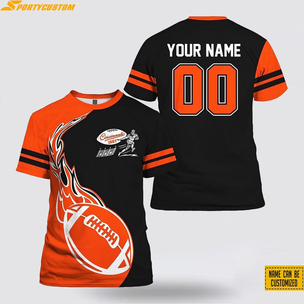 Cincinnati Bengals Fire Ball Custom Name & Number All Over Printed T-Shirt - Orange/Black