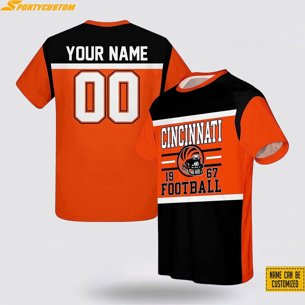 Cincinnati Bengals Helmet Custom Name & Number All Over Printed T-Shirt - Black/Orange