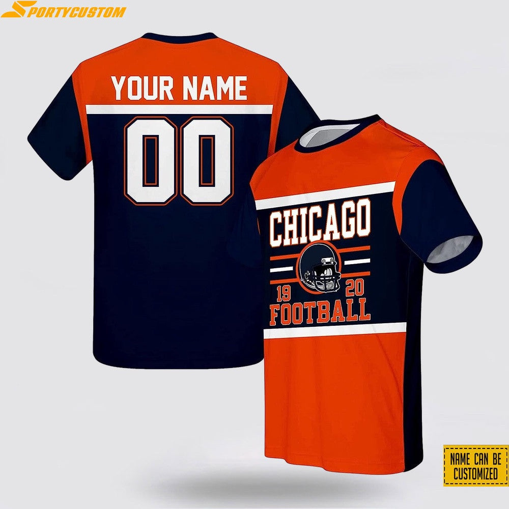 Chicago Bears Helmet Custom Name & Number All Over Printed T-Shirt - Orange/Navy