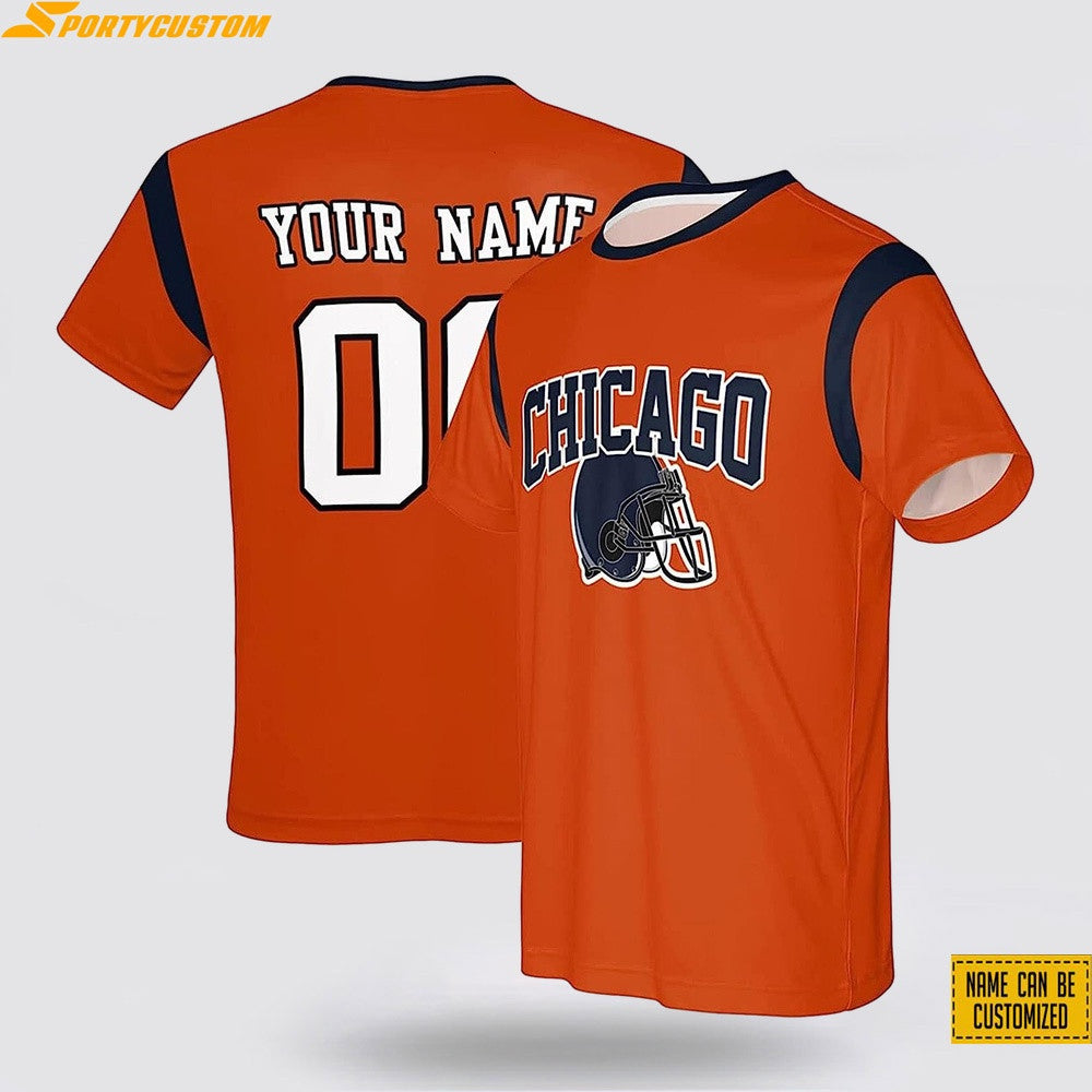 Chicago Bears Helmet Custom Name & Number All Over Printed T-Shirt - Orange