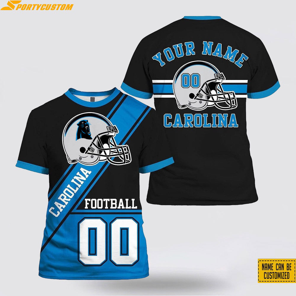 Carolina Panthers Helmet Custom Name & Number All Over Printed T-Shirt - Black/Blue