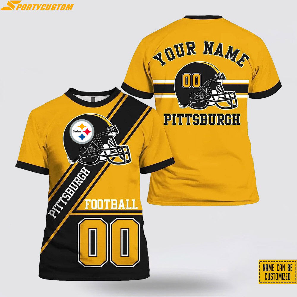 Pittsburgh Steelers Helmet Custom Name & Number All Over Printed T-Shirt - Gold/Black
