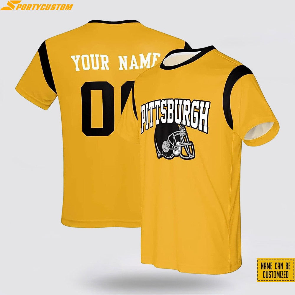 Pittsburgh Steelers Helmet Custom Name & Number All Over Printed T-Shirt - Gold