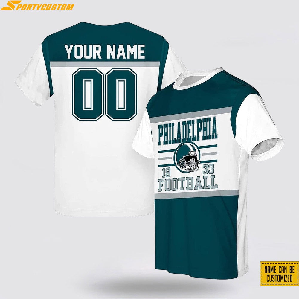 Philadelphia Eagles Helmet Football Custom Name & Number All Over Printed T-Shirt - Midnight Green/White