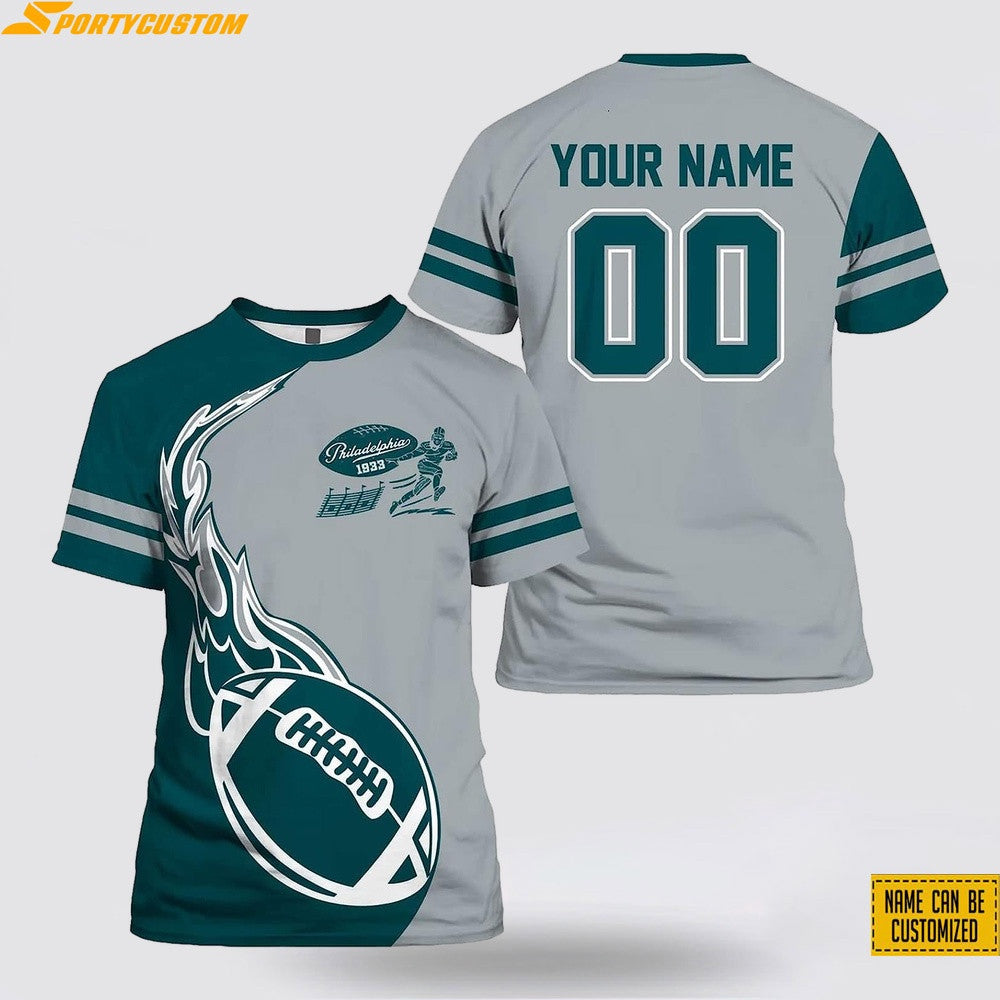 Philadelphia Eagles Fireball Custom Name & Number All Over Printed T-Shirt - Midnight Green/Silver