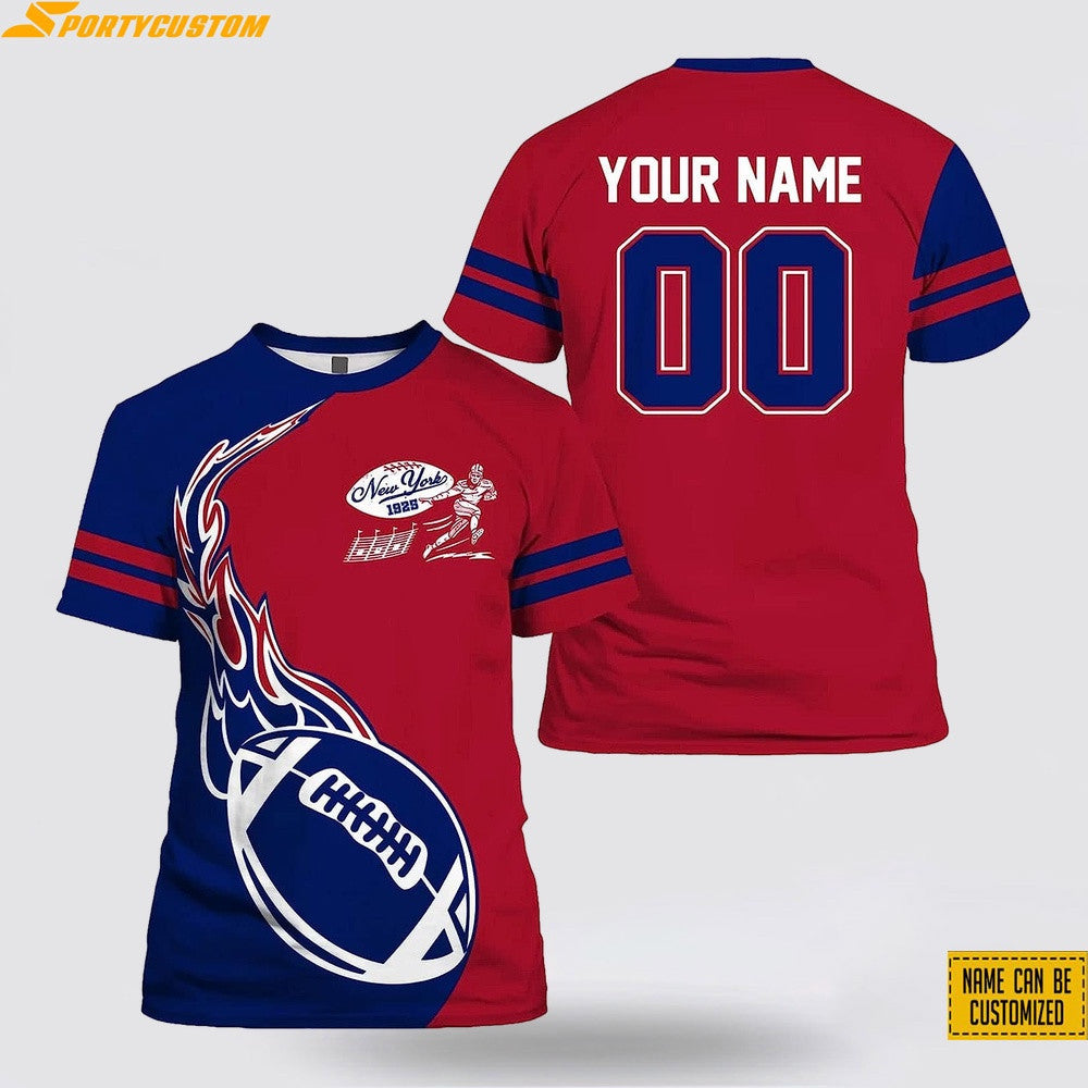 New York Giants Fireball Custom Name & Number All Over Printed T-Shirt - Navy/Red