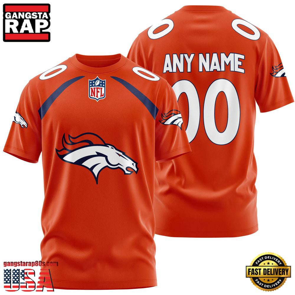 Denver Broncos Team Sport Custom Name & Number All Over Printed T-Shirt - Orange