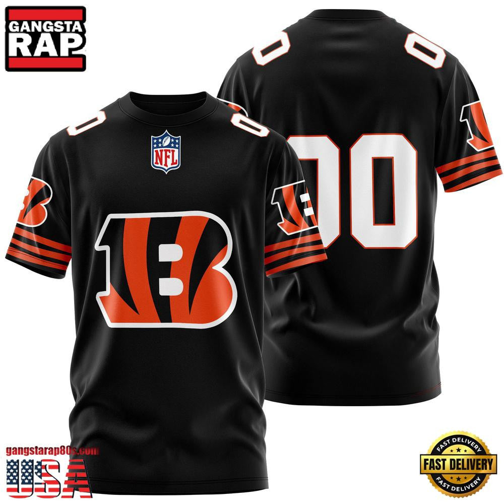 Cincinnati Bengals Team Sport Custom Name & Number All Over Printed T-Shirt - Black