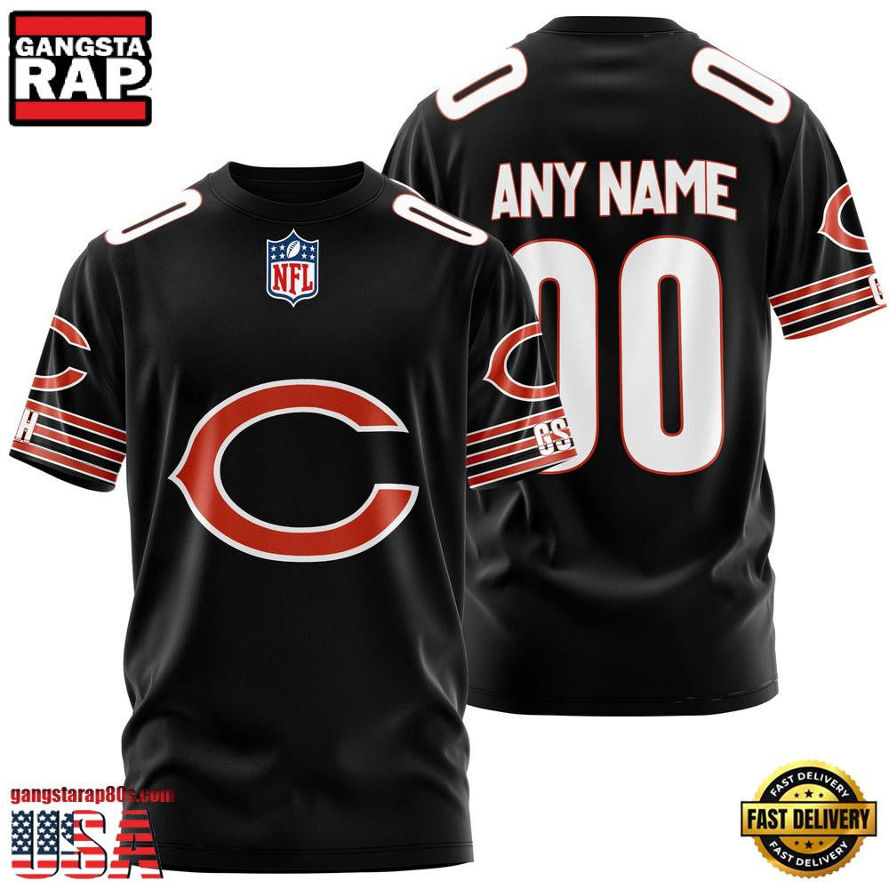 Chicago Bears Team Sport Custom Name & Number All Over Printed T-Shirt - Black
