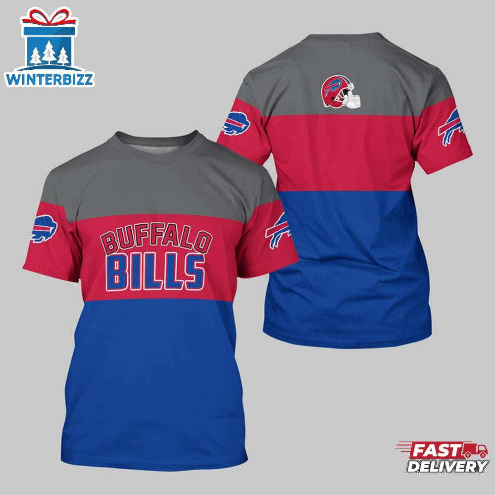 Buffalo Bills Logo Team All Over Printed T-Shirt - Gray/Red/Blue