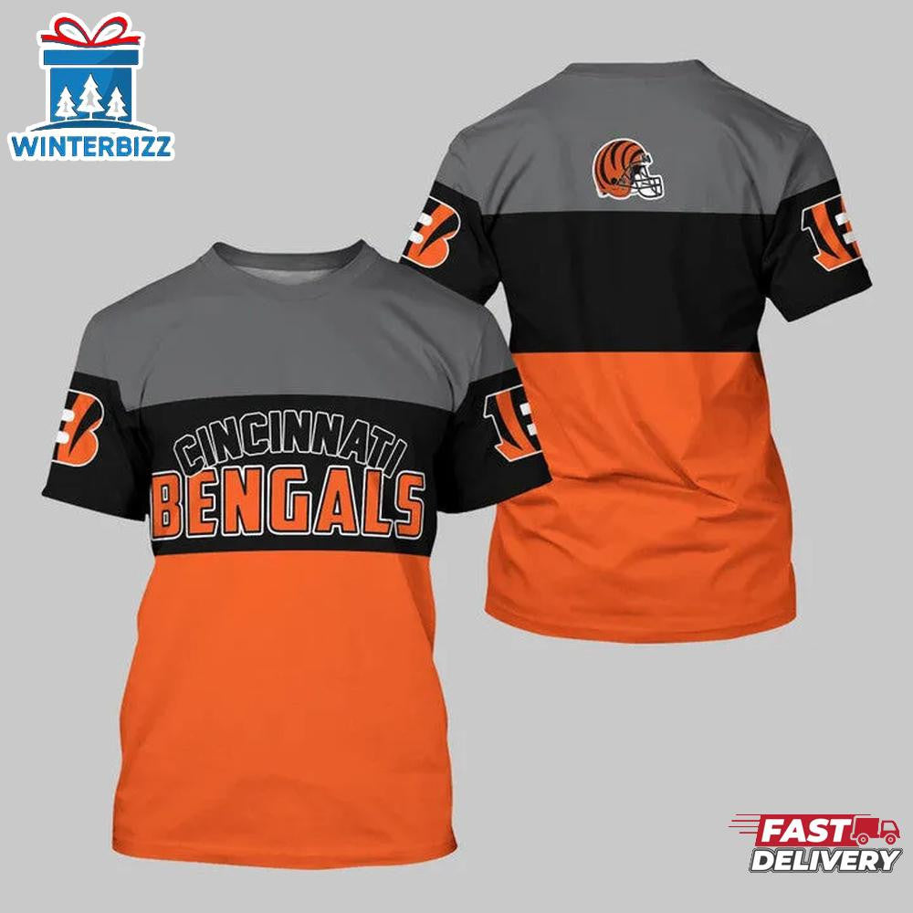 Cincinnati Bengals Logo Team All Over Printed T-Shirt - Gray/Black/Orange