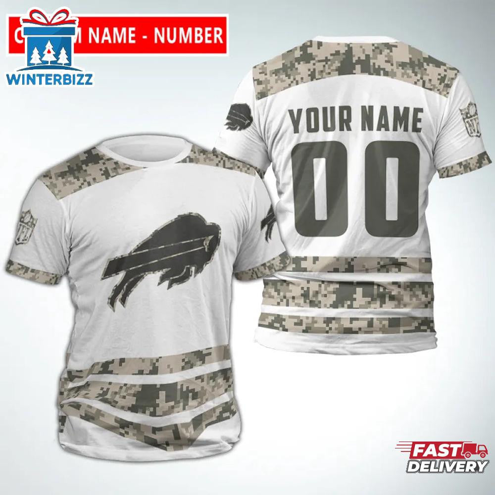 Buffalo Bills Sport Custom Name & Number All Over Printed T-Shirt - Camo/White