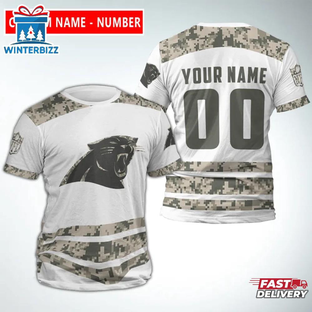 Carolina Panthers Sport Custom Name & Number All Over Printed T-Shirt - Camo/White